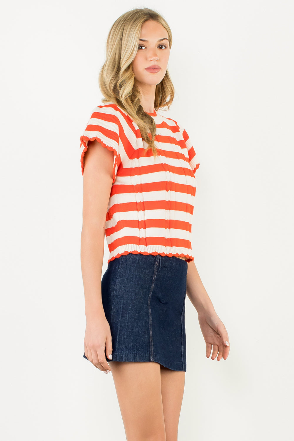 Short Sleeve Striped Knit Top - Orange