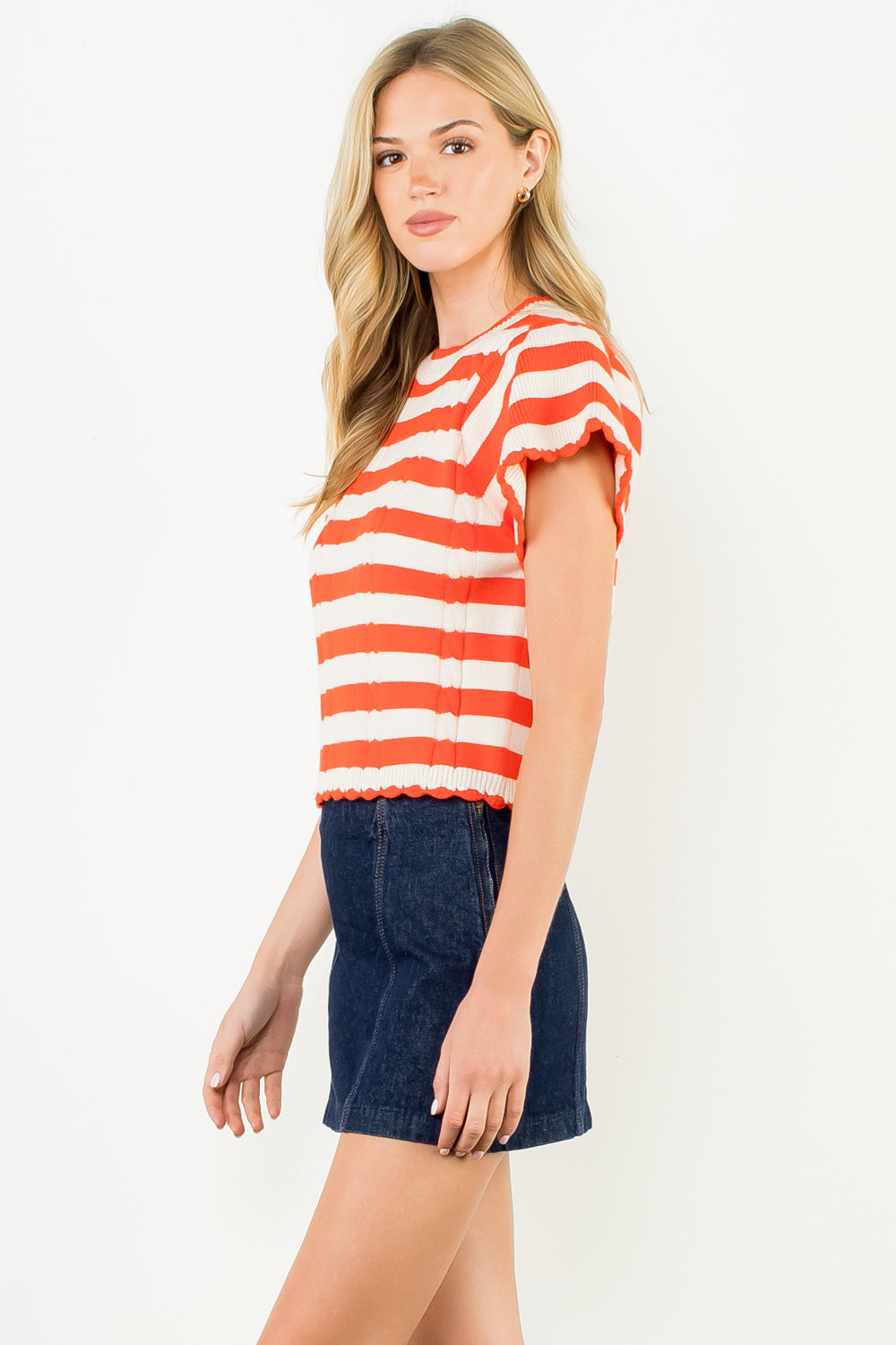 Short Sleeve Striped Knit Top - Orange