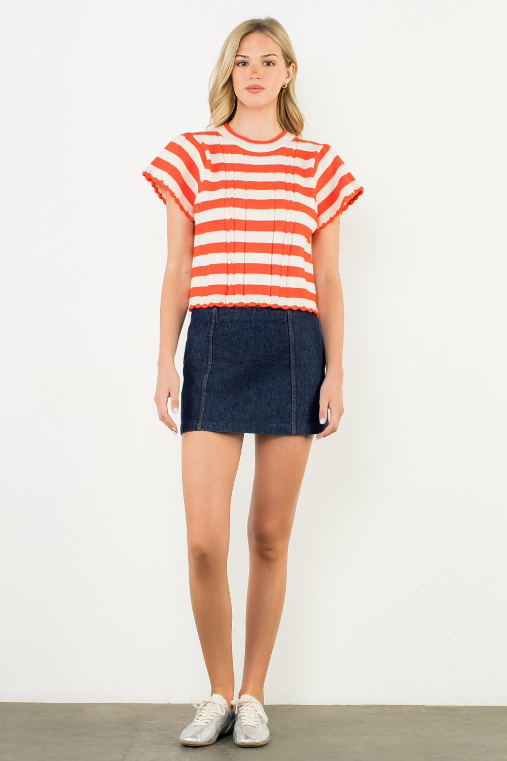 Short Sleeve Striped Knit Top - Orange