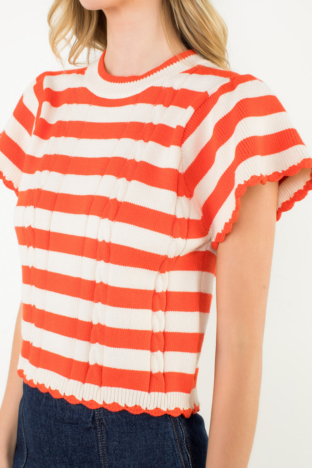 Short Sleeve Striped Knit Top - Orange