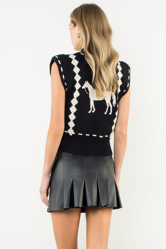 Sleeveless Horse Knit Vest - Black