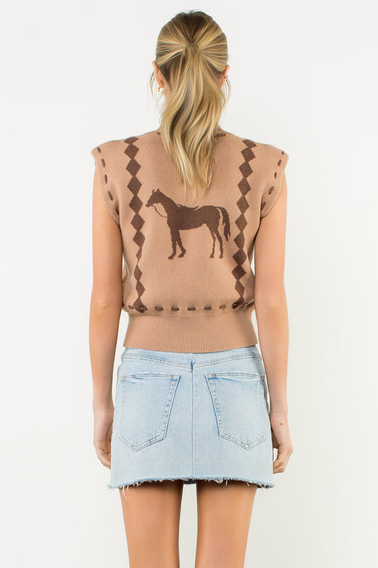 Sleeveless Horse Knit Vest - Caramel