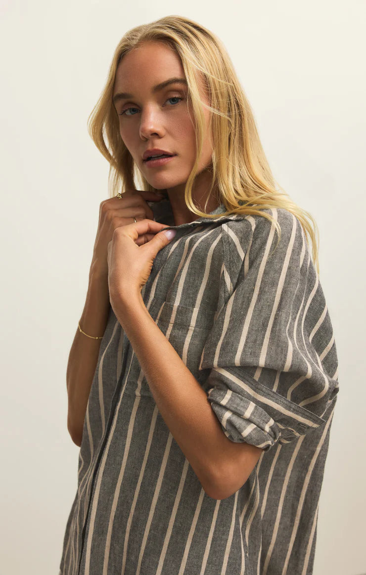 Perfect Linen Striped Top - Black