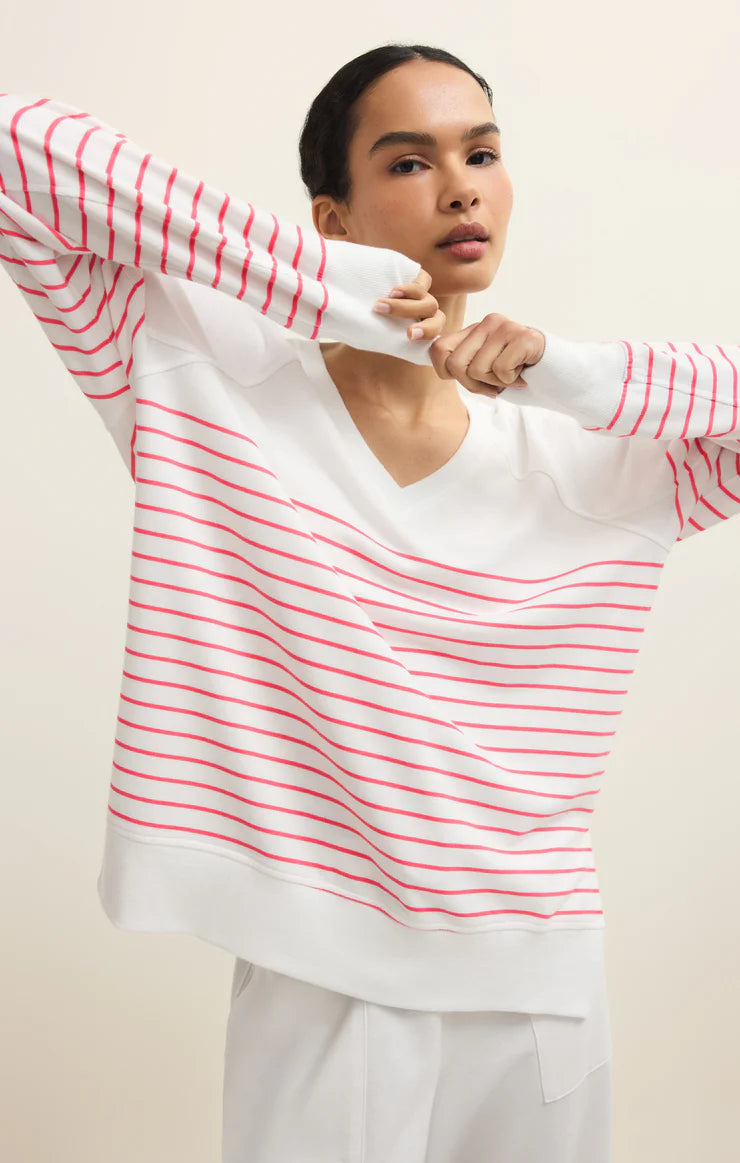 Weekender Stripe V-Neck - White - Spinout