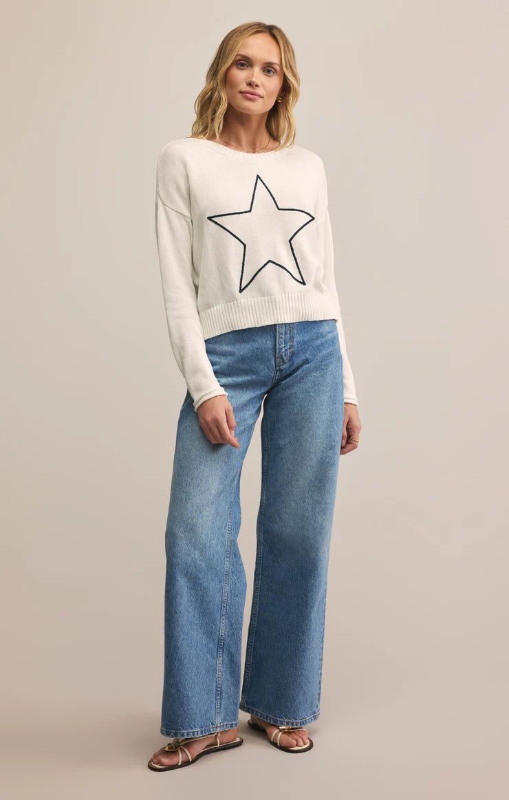 Sienna Lucky Star Embroidered Sweater - White