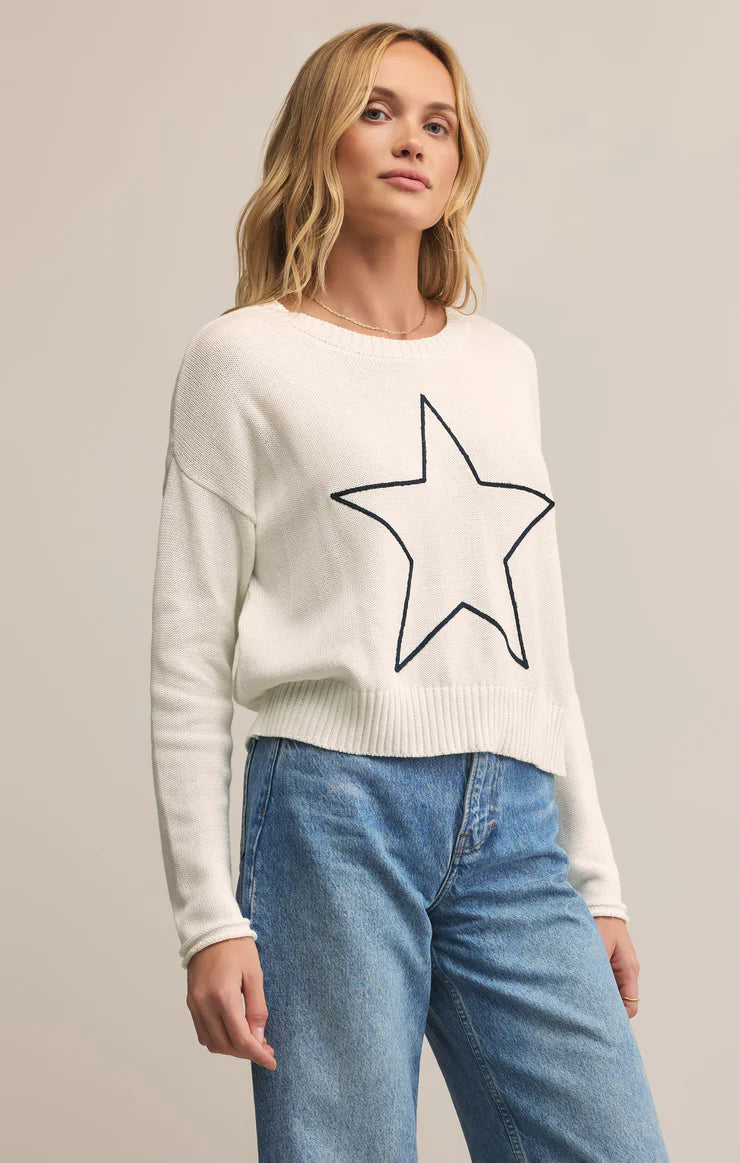 Sienna Lucky Star Embroidered Sweater - White
