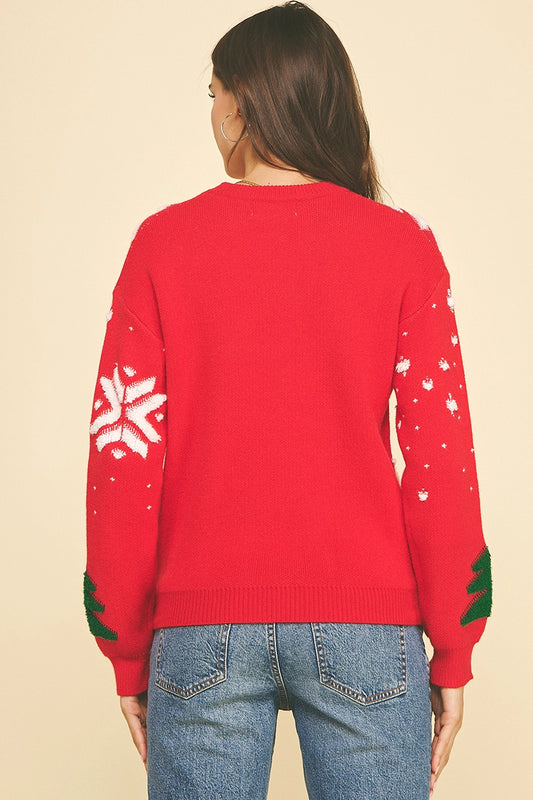 Christmas Tree Pattern Knit Sweater - Red