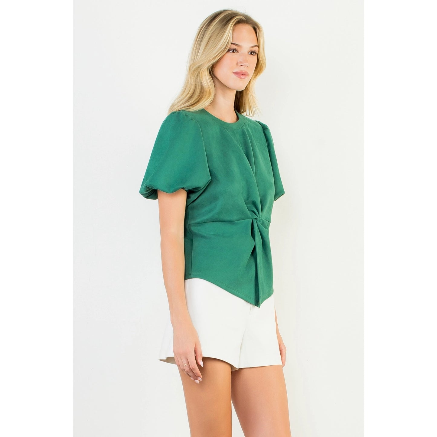 Puff Sleeve Twisted Detail Suede Top - Green