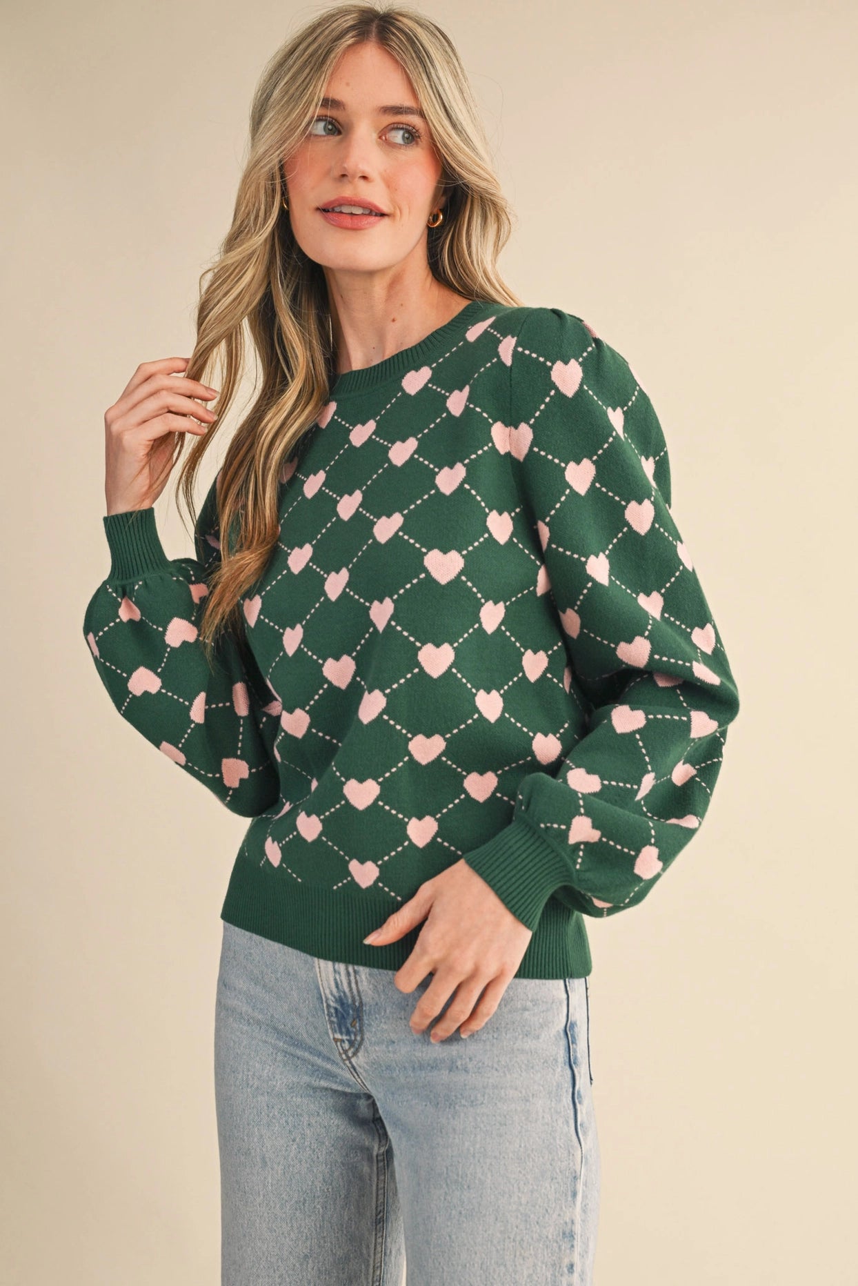 Heart Knit Puff Sleeve Sweater - Hunter Green Pink