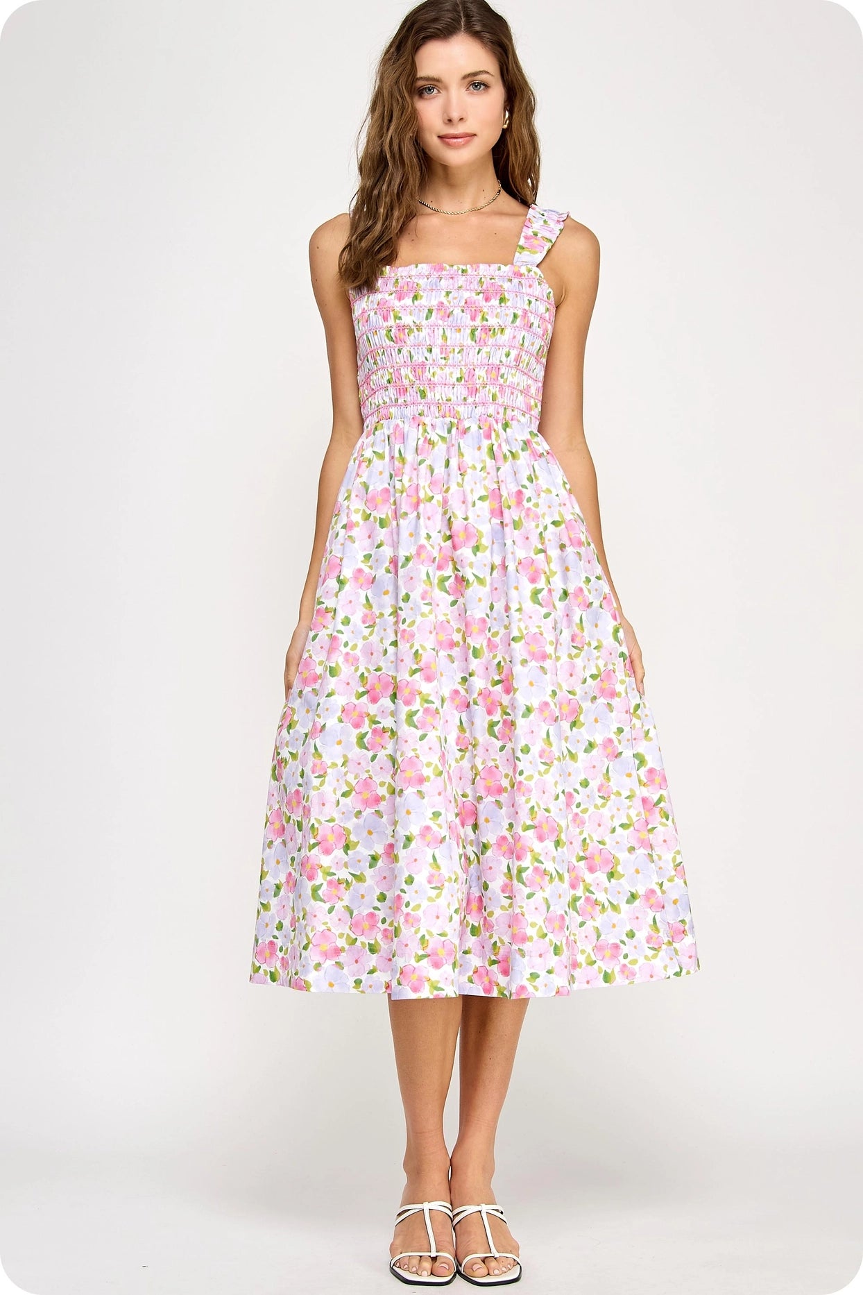 Floral Print Contrast Smocking Midi Dress - Pink Multi