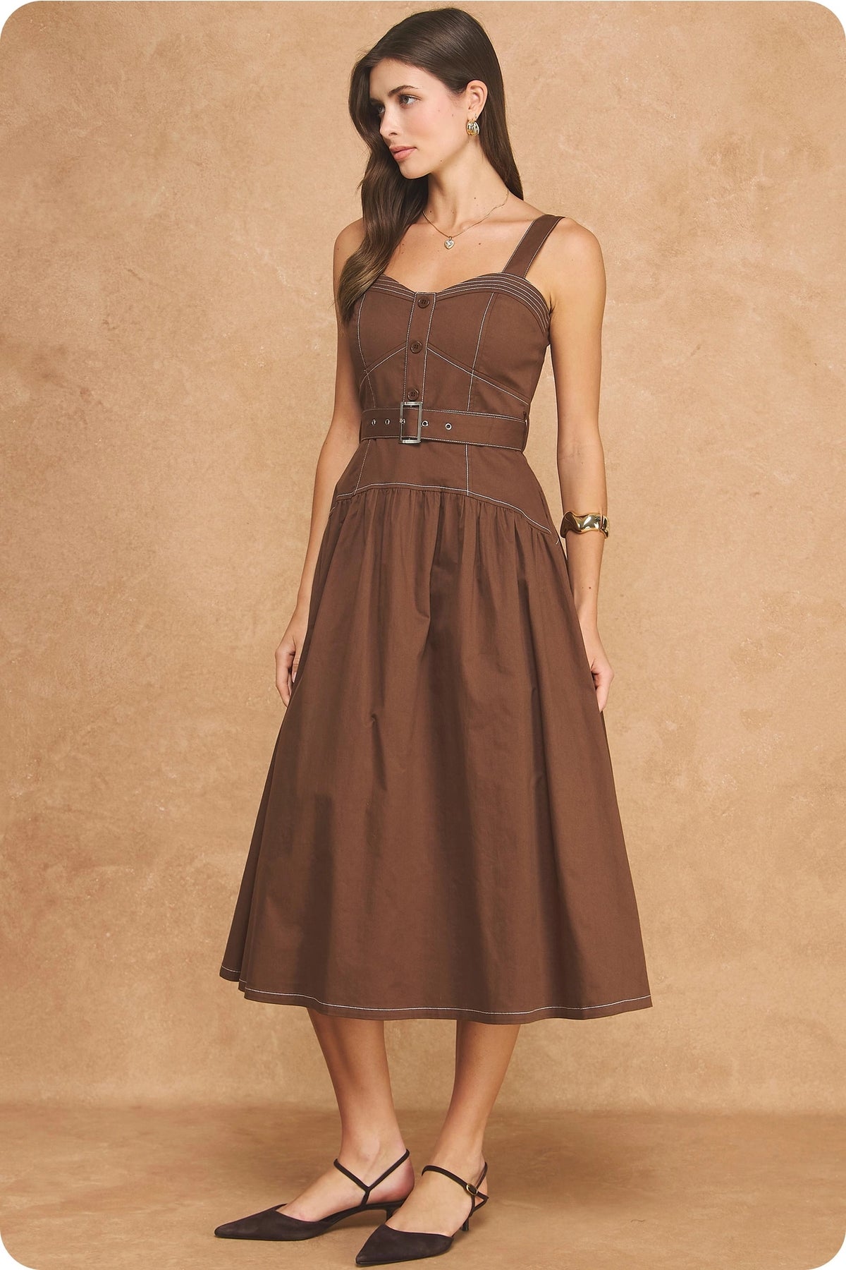 Contrast Top Stitch Sweetheart Belted A-Line Midi Dress - Chocolate Brown