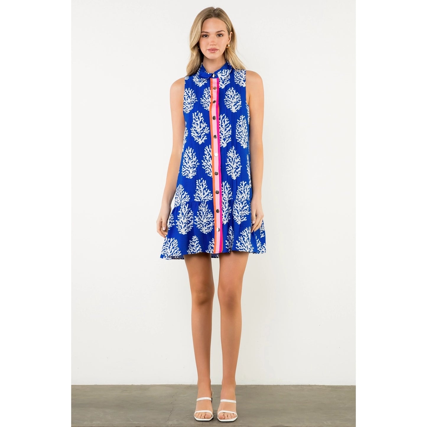 Pleated Button Front Coral Print Dress - Blue
