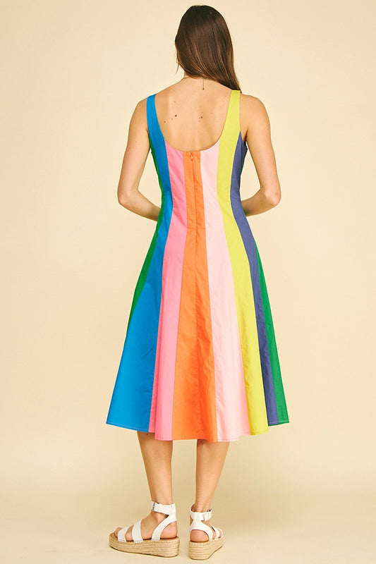 Rainbow Colorblock A-Line Midi Dress - Multi Stripe