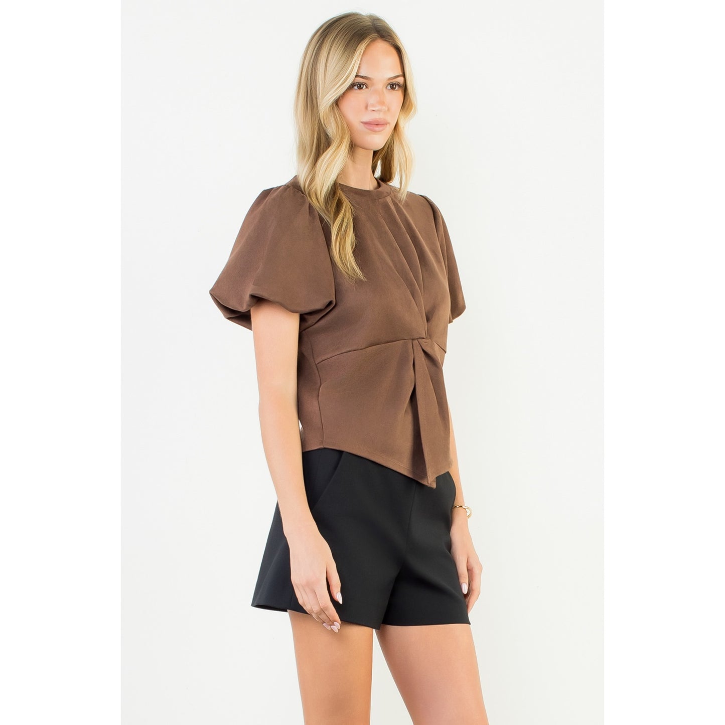 Puff Sleeve Twisted Detail Suede Top - Brown