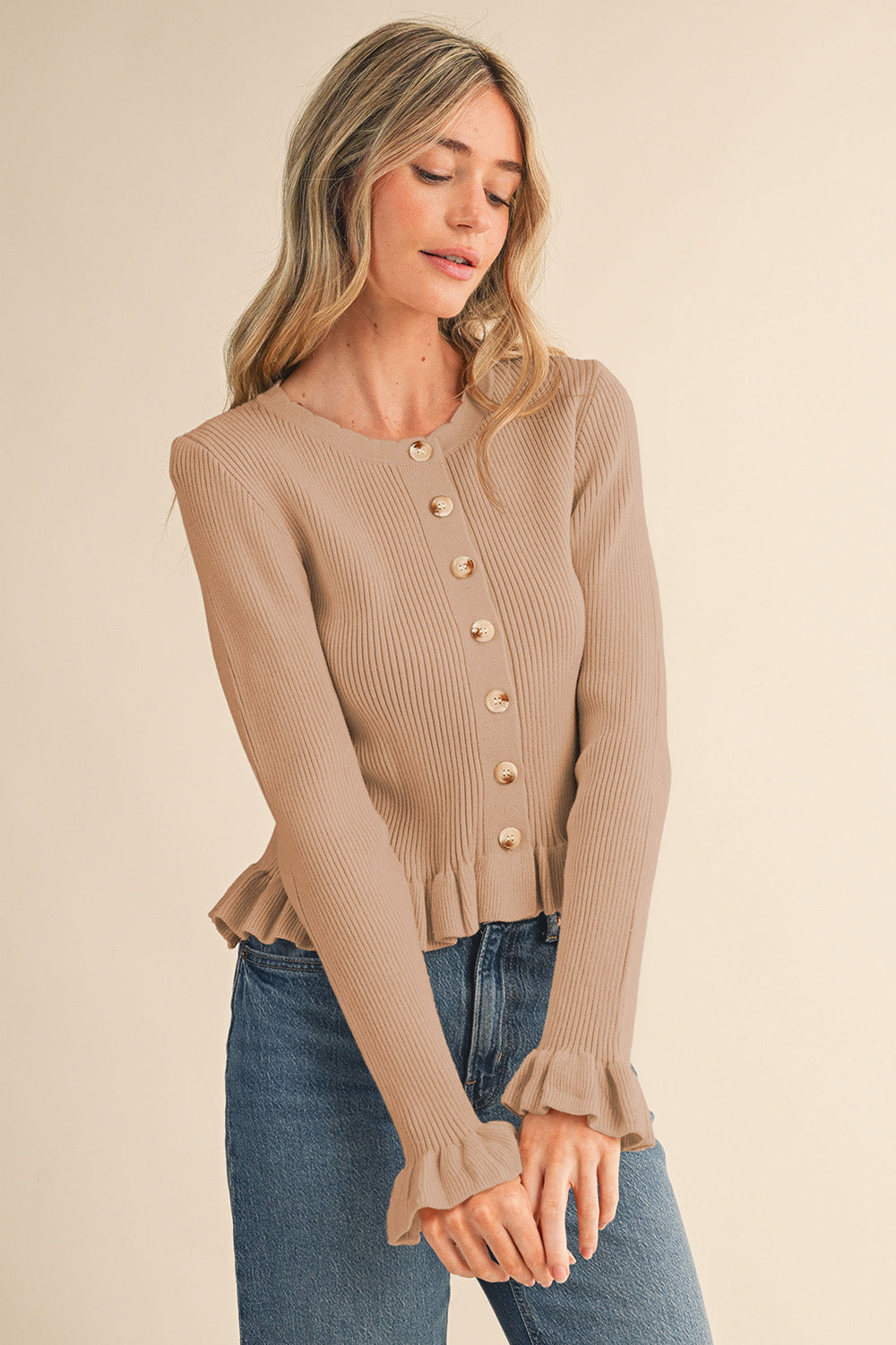 Ruffle Hem Ribbed Knit Sweater Cardigan - Mocha