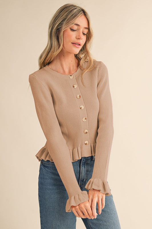 Ruffle Hem Ribbed Knit Sweater Cardigan - Mocha