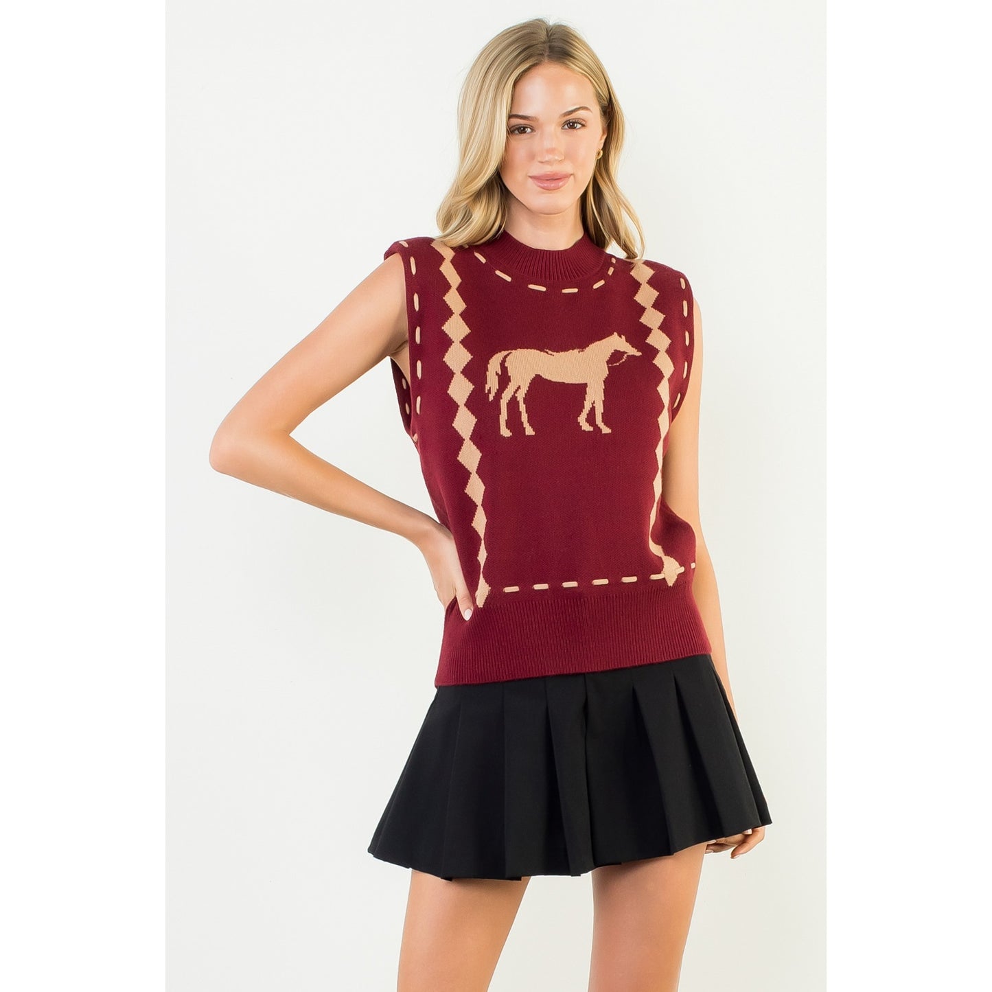 Sleeveless Horse Knit Vest - Burgundy