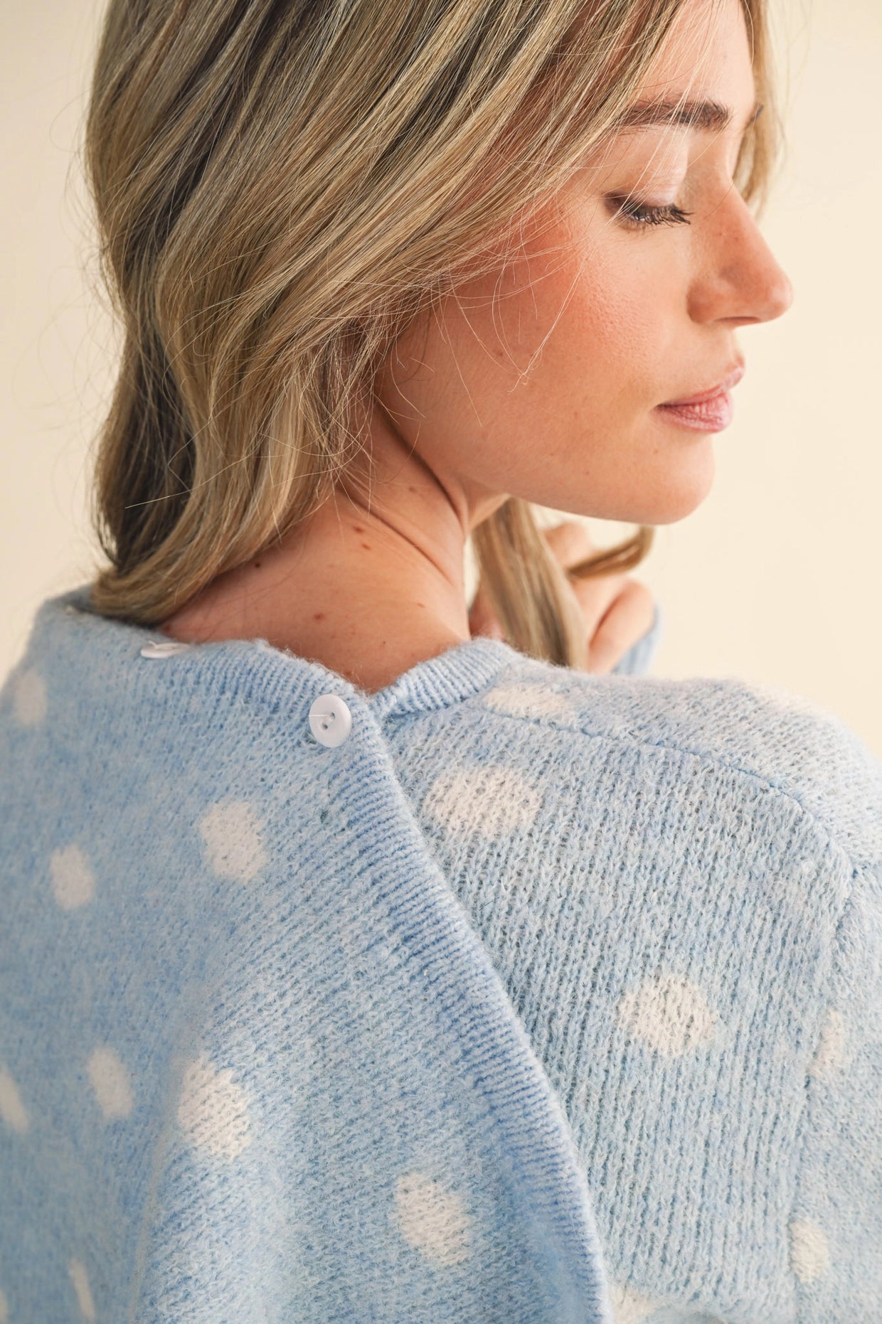 Polka Dot Sweater Cardigan with Detachable Scarf - Sky Blue