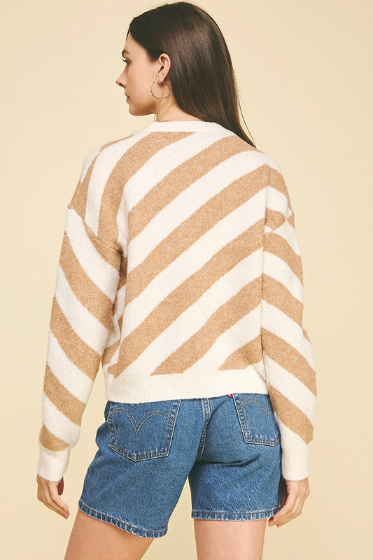 Diagonal Stripe Knit Sweater - Cream/Taupe