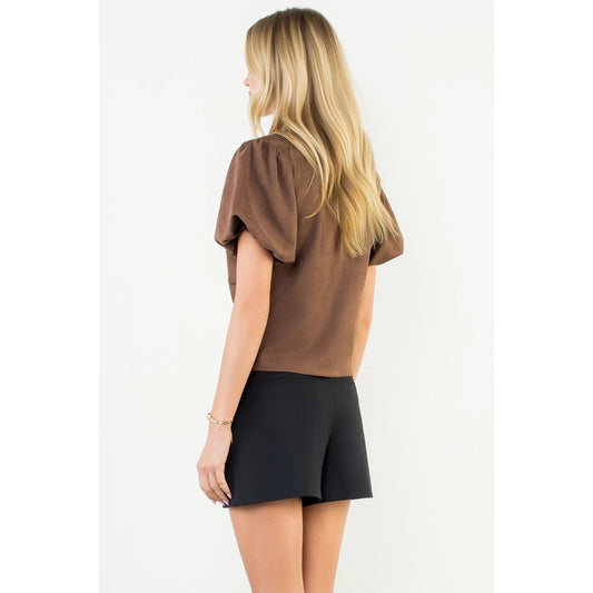 Puff Sleeve Twisted Detail Suede Top - Brown