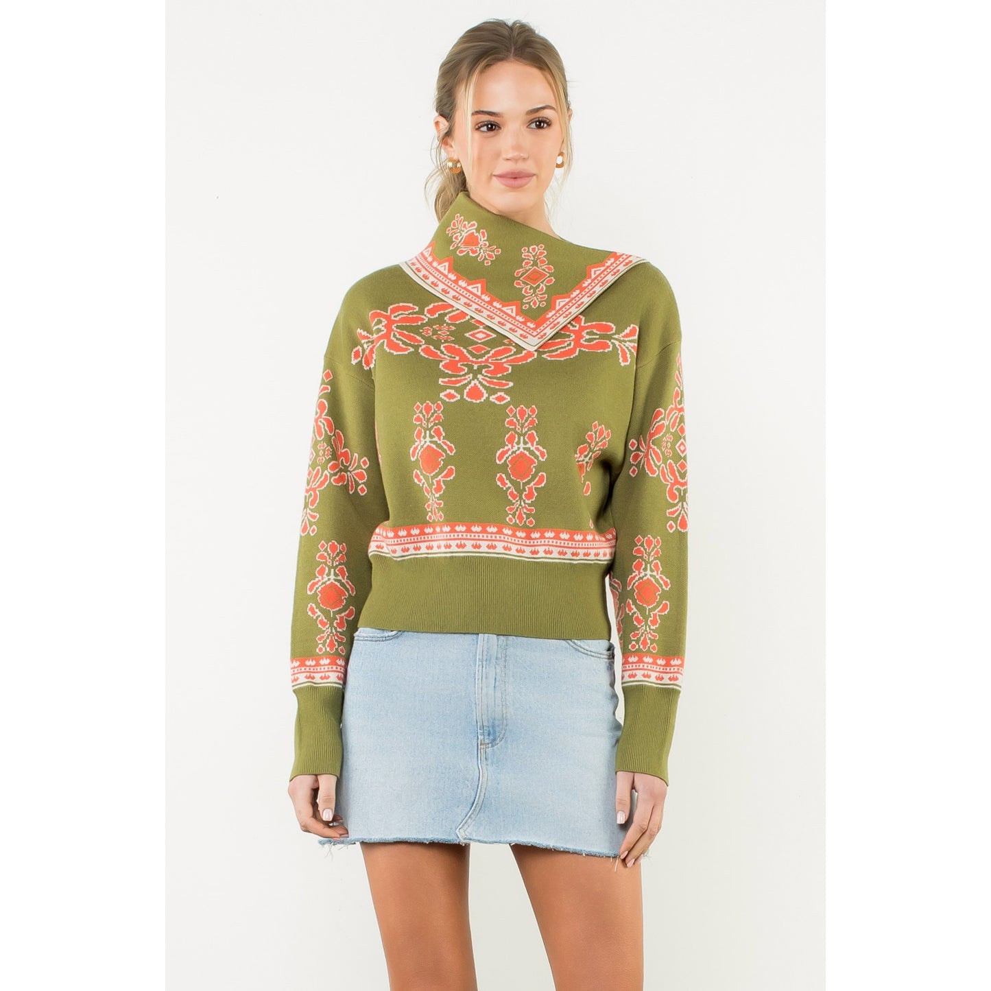 Long Sleeve Print Sweater - Olive