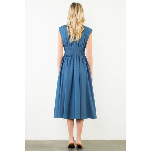 Sleeveless Denim Smocked Waist Dress - Denim Blue