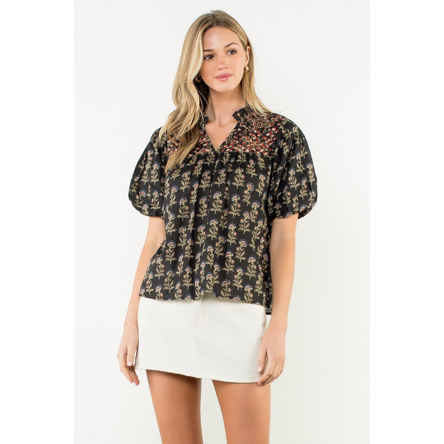 Puff Sleeve Floral Print V-Neck Top - Black