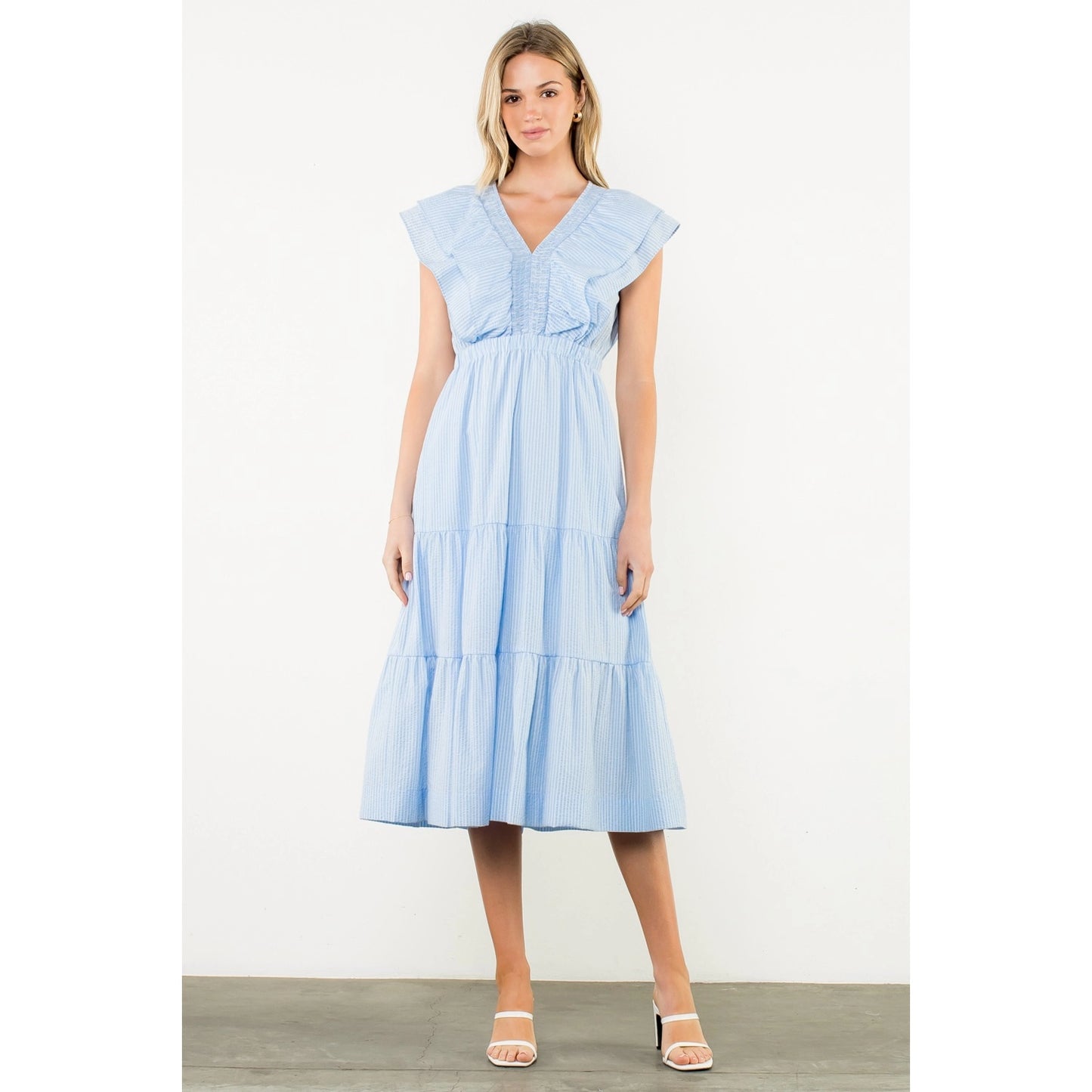 Striped Flutter Tiered Maxi Dress - Light Blue