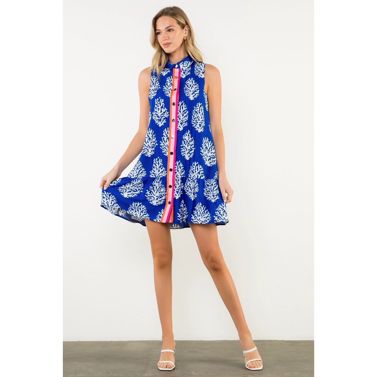 Pleated Button Front Coral Print Dress - Blue