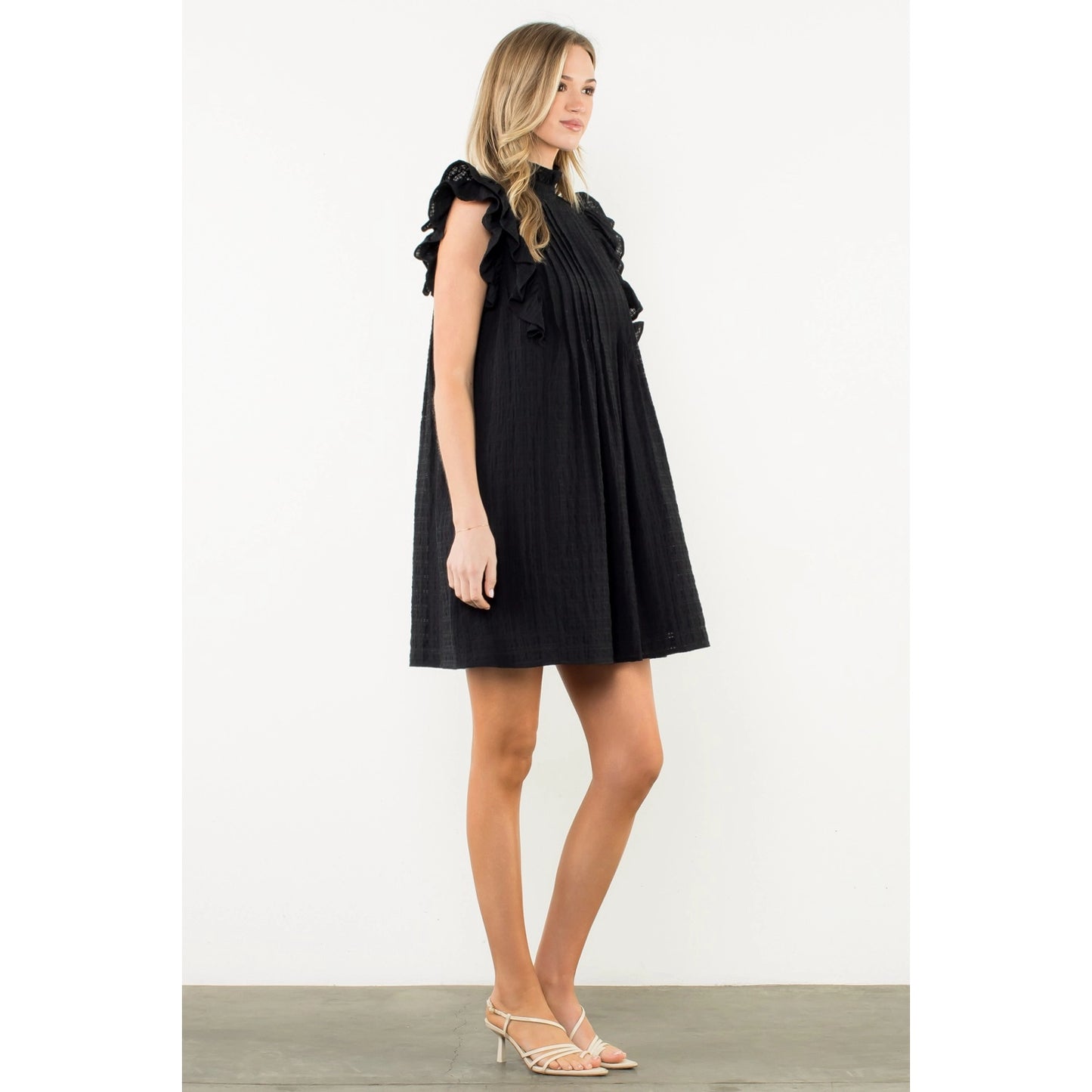 Button Back Flutter Sleeve Dress - Black