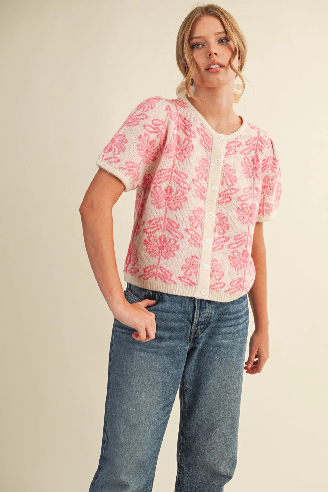 Floral Knit Short Puff Sleeve Sweater Cardigan - Pink