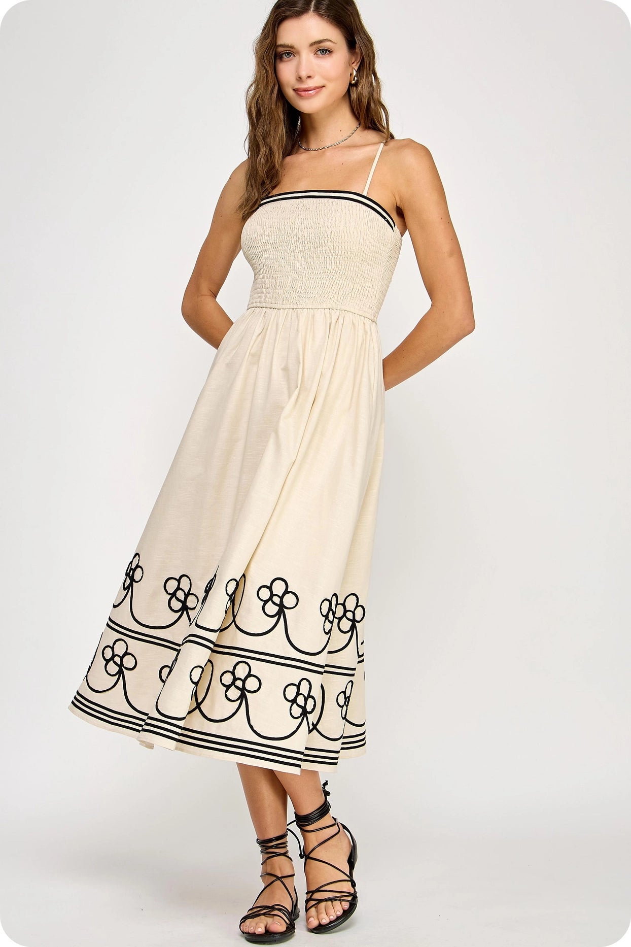 Contrast Embroidered Trim Linen Midi Dress - Ecru/Black