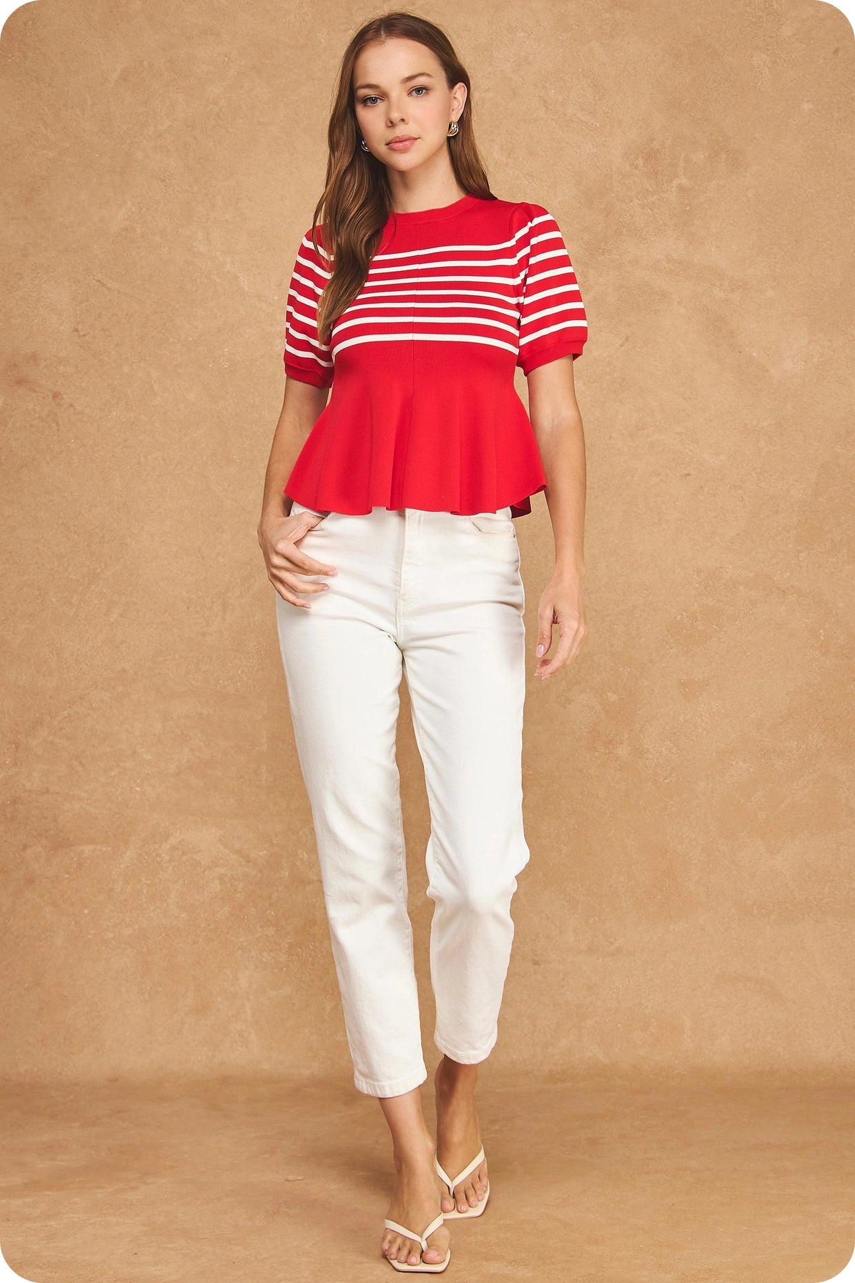 Striped Short Sleeve Peplum Sweater Top - Red/Ivory