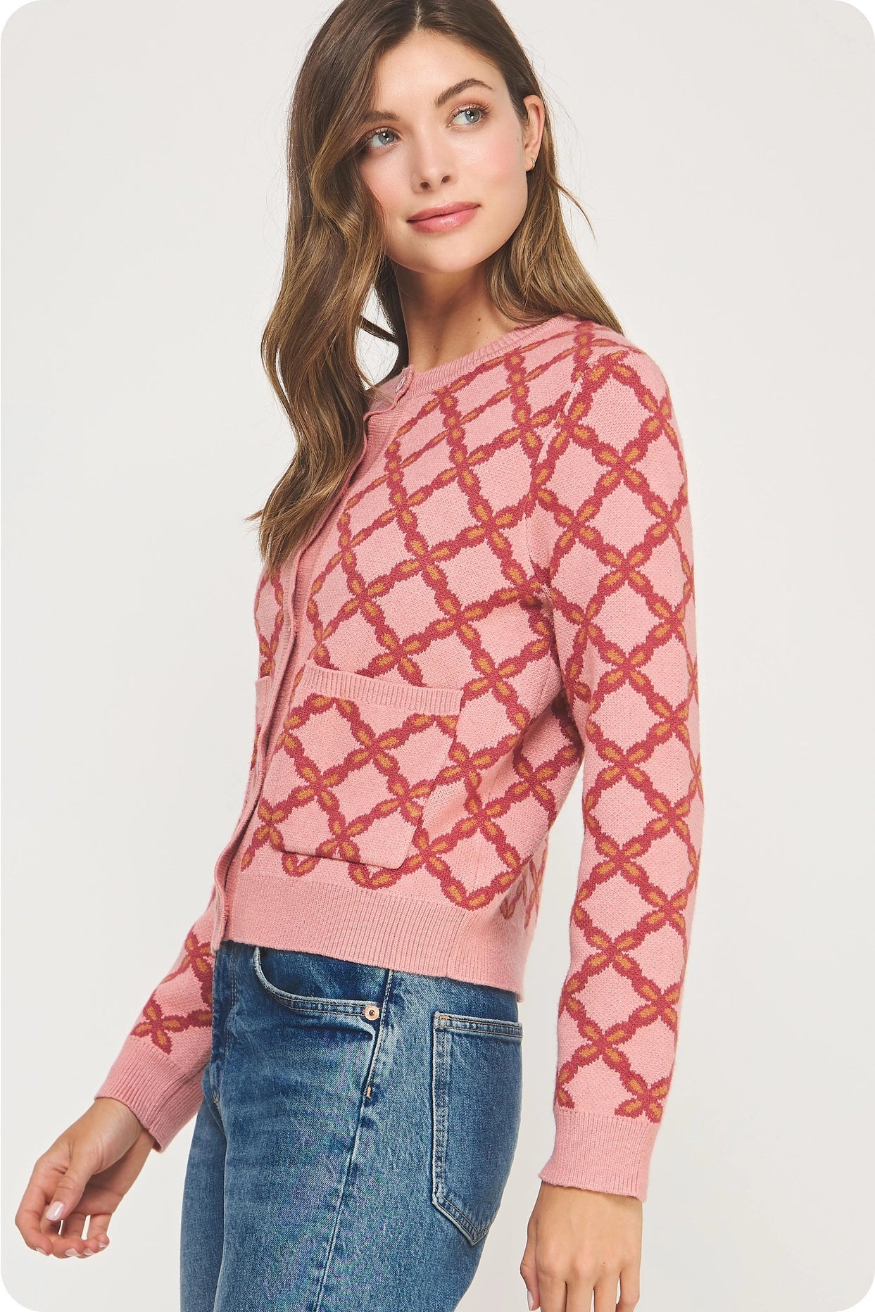 Chainlink Intarsia Cardigan Sweater - Mauve Multi