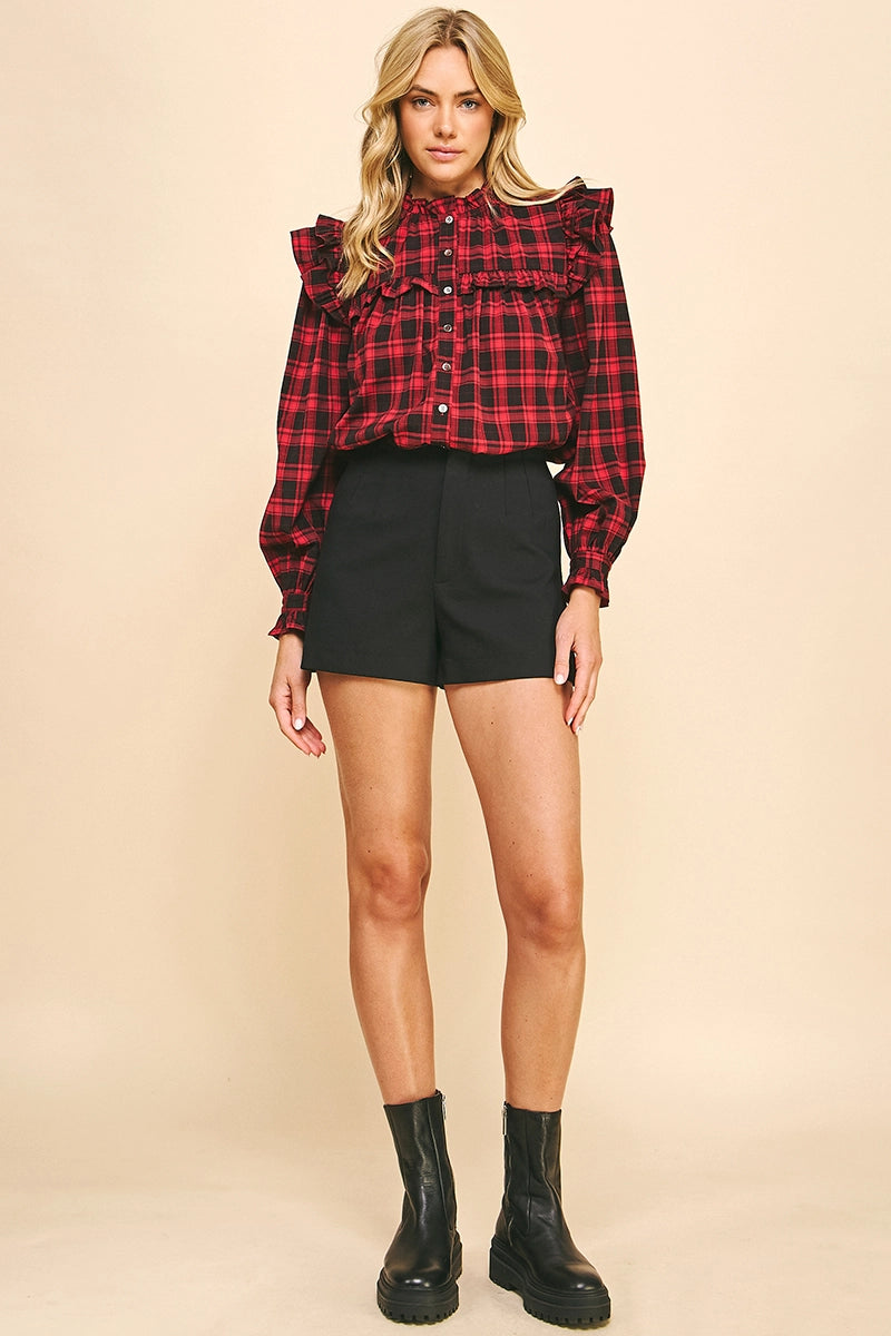 3/4 Sleeves Ruffle Plaid Blouse - Red