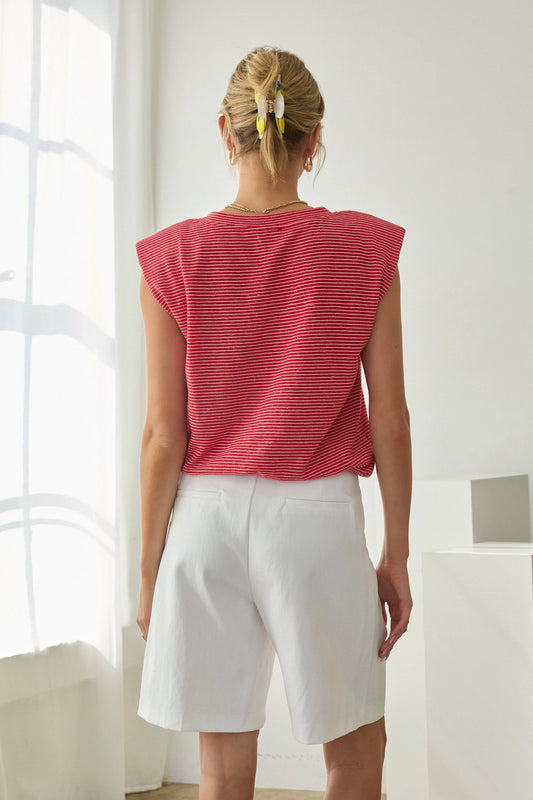 Stripe Knit Bubble Hem Tank Top - Red