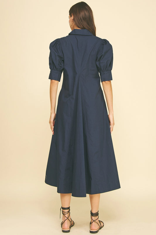 V-Neck Pleated A-Line Dress - Deep Navy