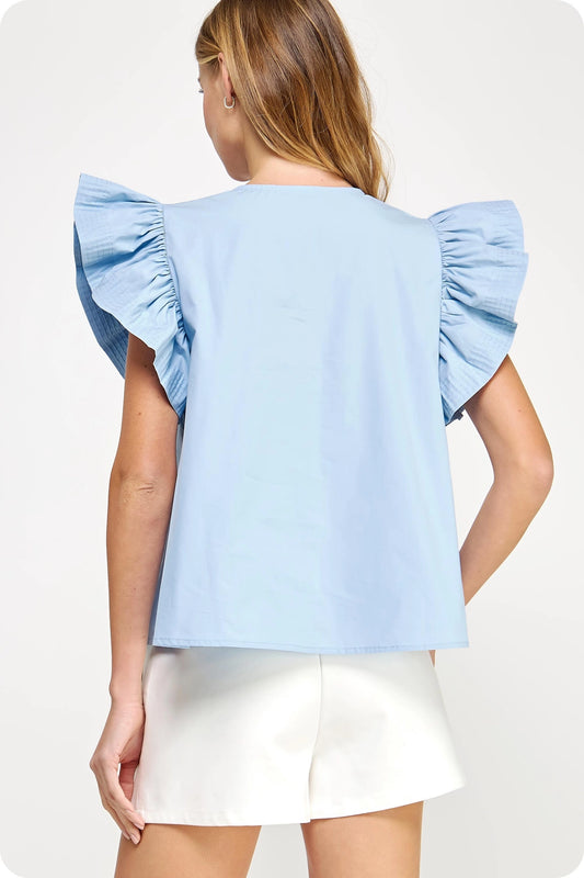 Flutter Ruffle Sleeve Poplin Top - Chambray