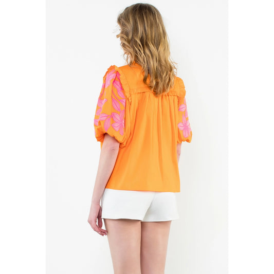 Embroidered Puff Sleeve Poplin Top - Orange