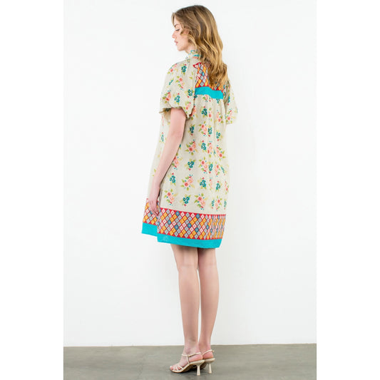 Puff Sleeve Floral V-Neck Dress - Taupe