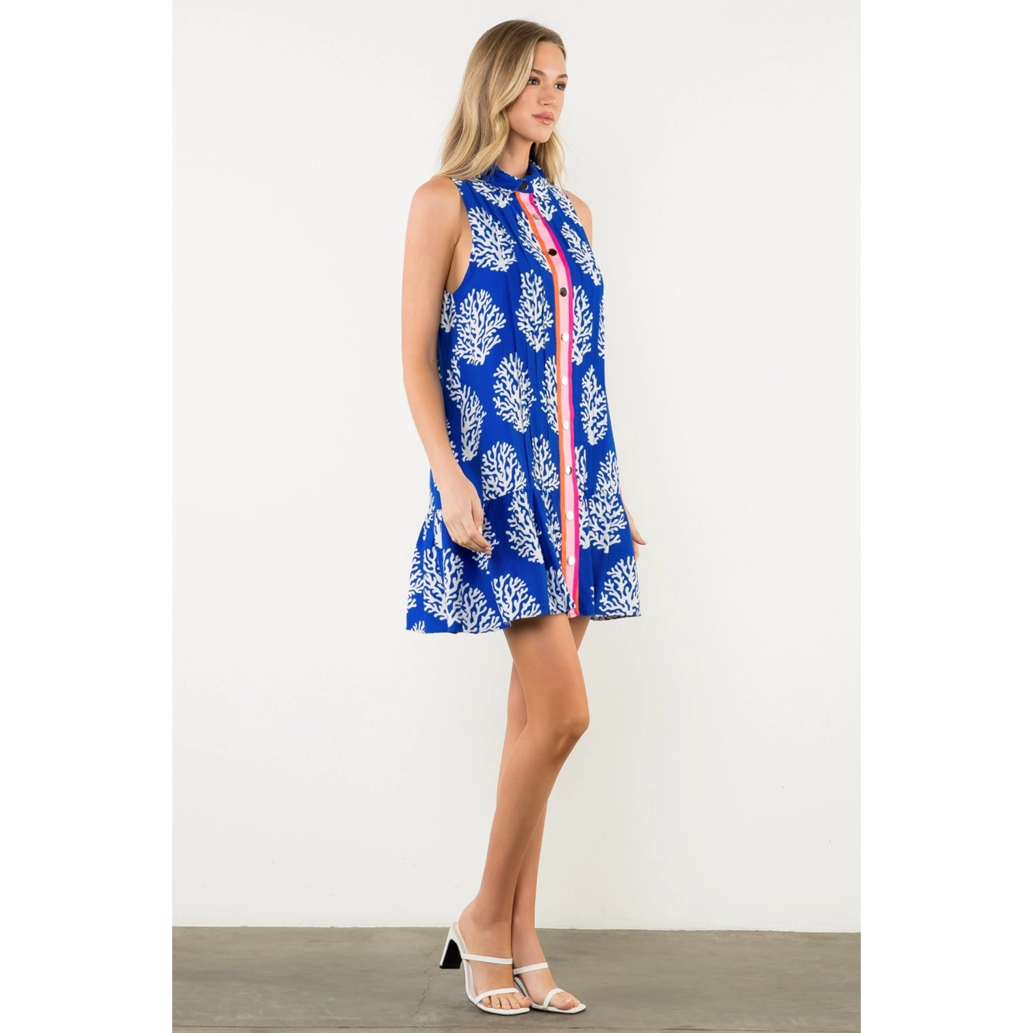 Pleated Button Front Coral Print Dress - Blue