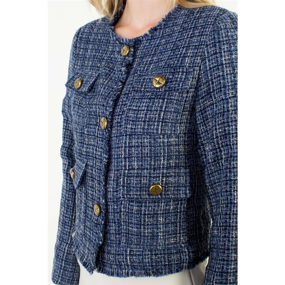 Fringe Hem Button Front Tweed Jacket - Navy