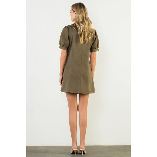 Puff Sleeve V-Neck Button Up Suede Dress - Olive