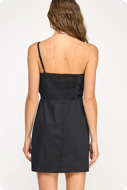 Knotted Flower Bow Mini Dress - Black