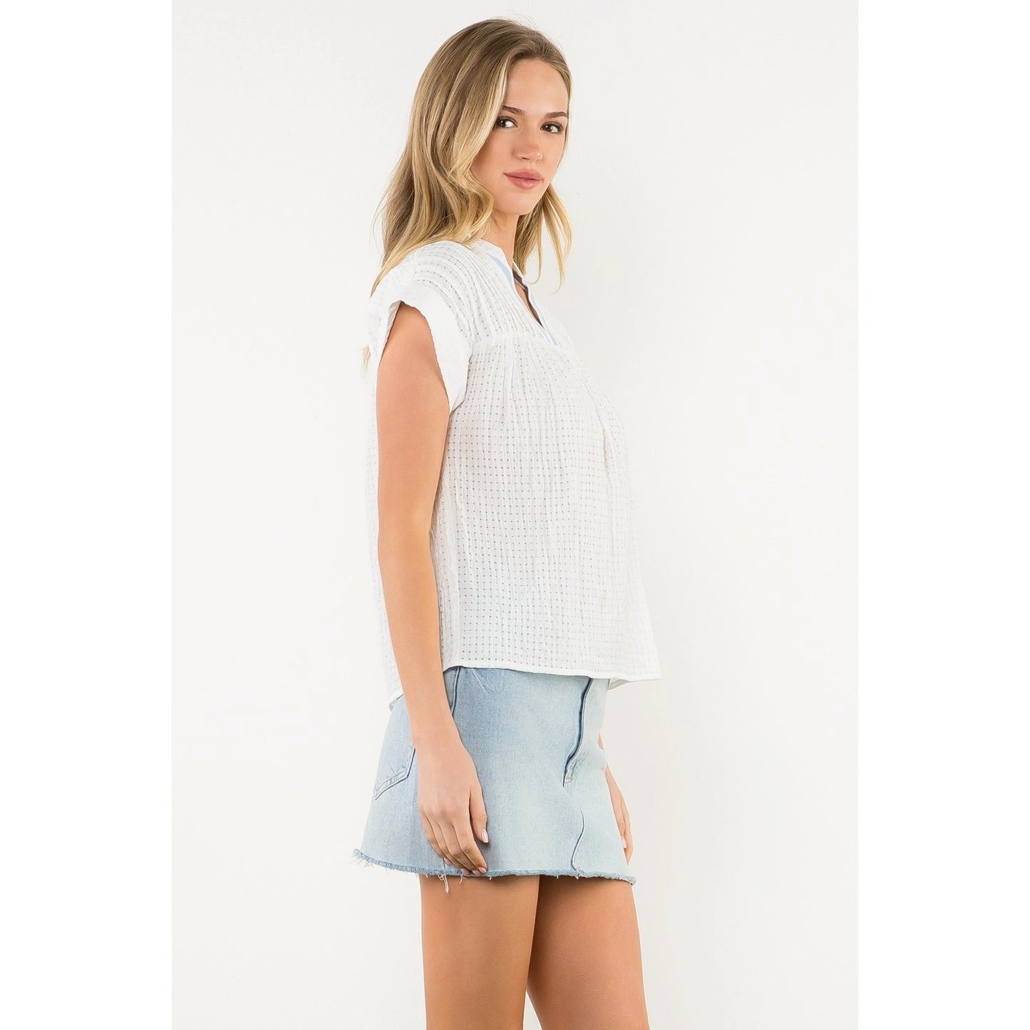 Short Sleeve Gingham Top - White