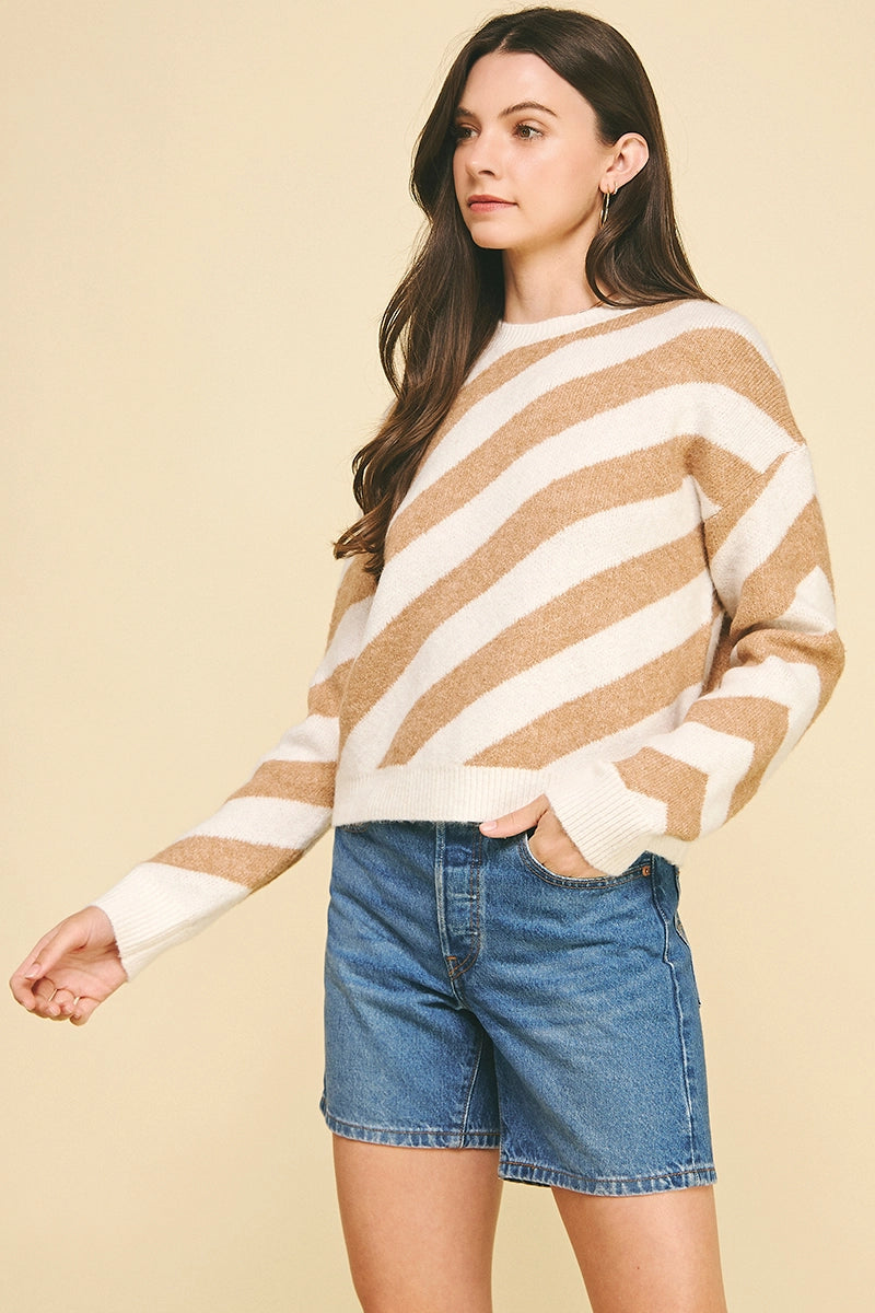 Diagonal Stripe Knit Sweater - Cream/Taupe