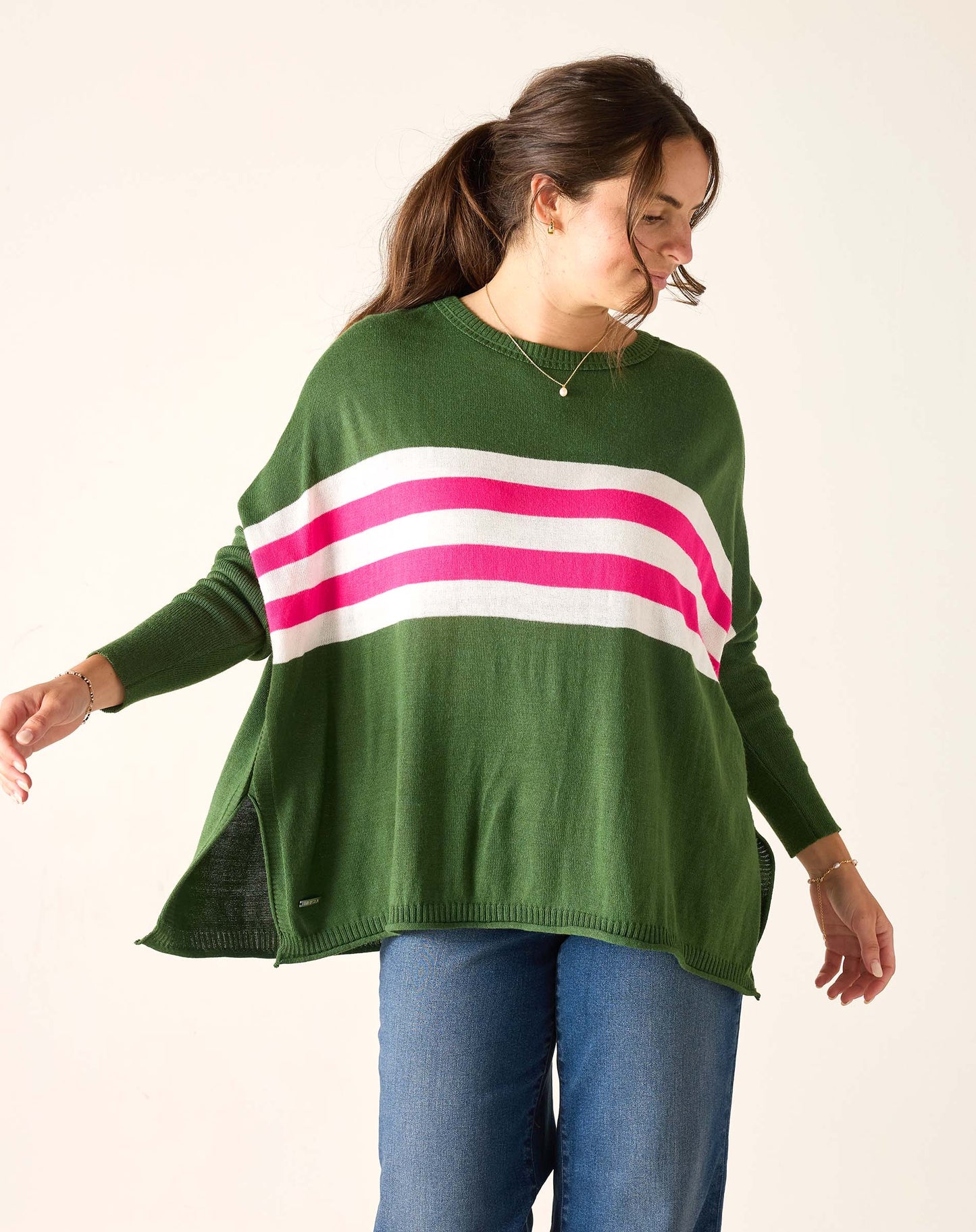 Catalina Crewneck Sweater - Green/Lipstick