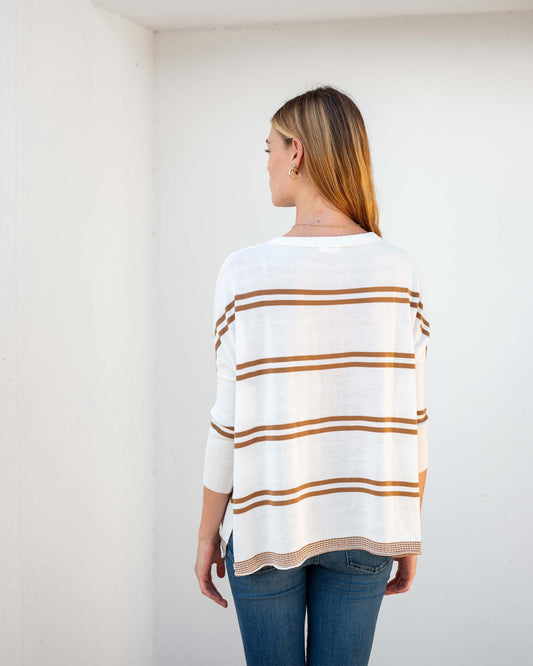 Catalina Crewneck Sweater - White/Tobacco Double Stripe