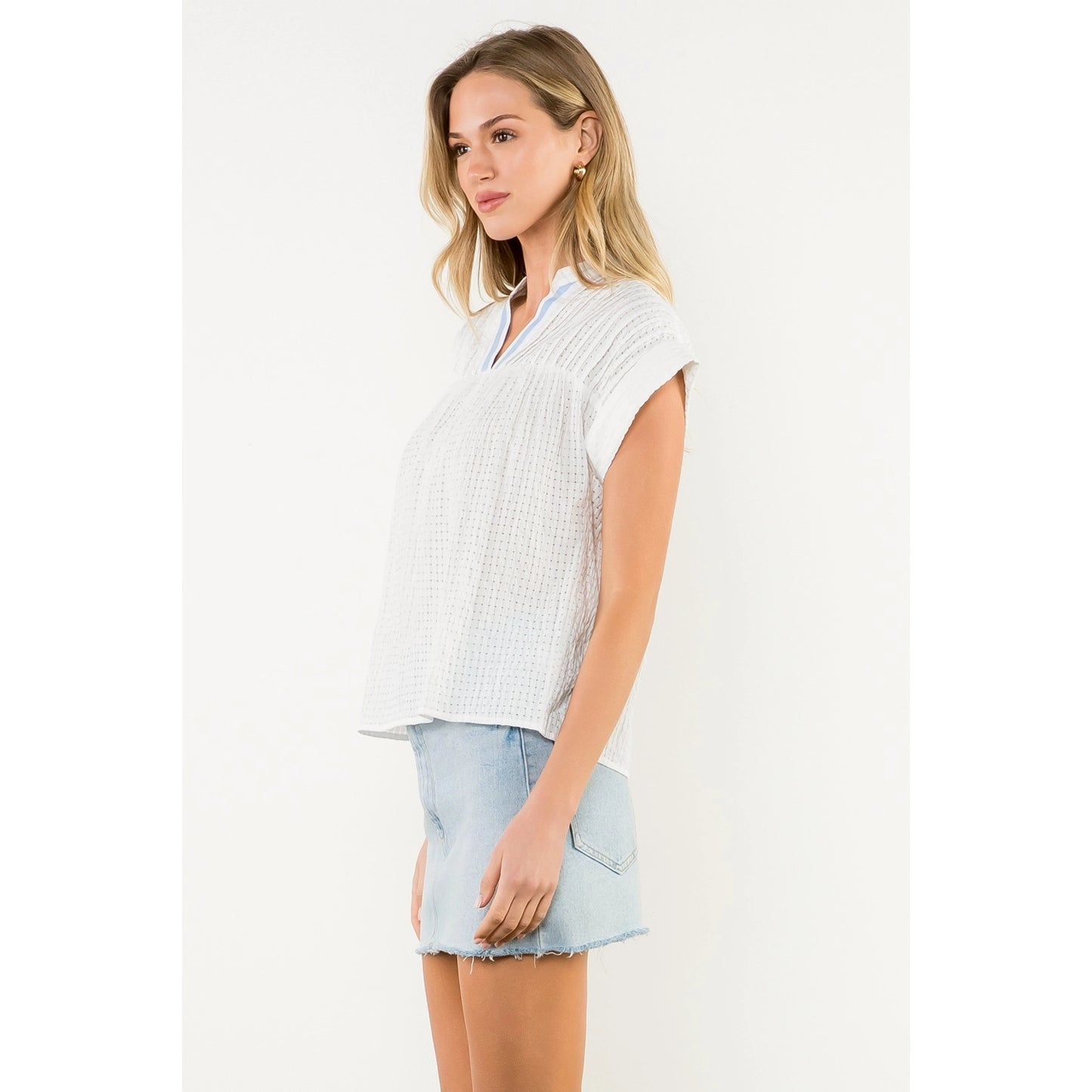 Short Sleeve Gingham Top - White