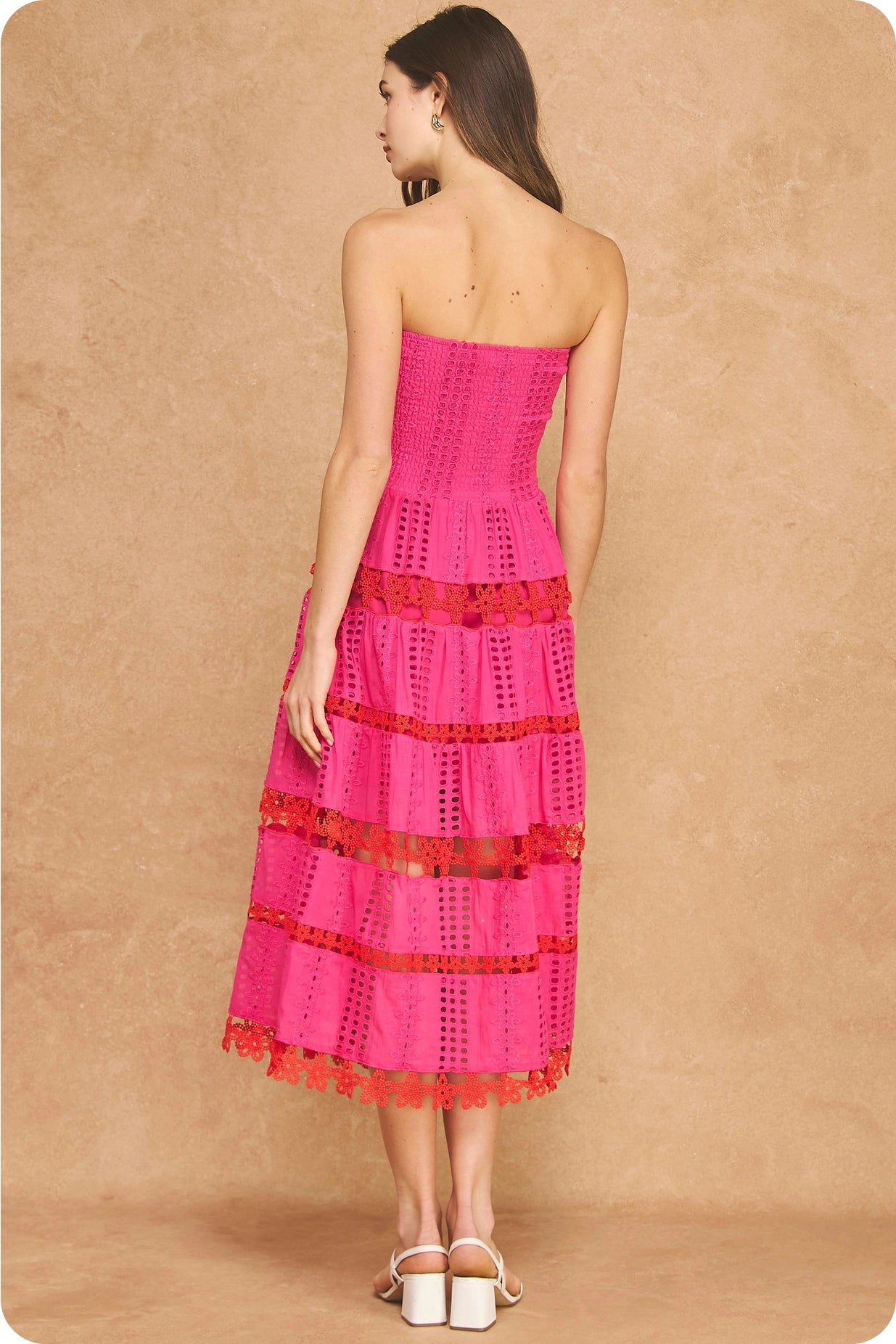 Color Block Smocked Eyelet Tube Midi Dress - Fuchsia/Red